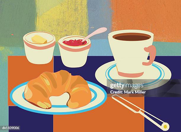 breakfast of a croissant, coffee, jam and butter - miller stock illustrations