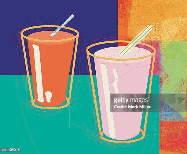 bildbanksillustrationer, clip art samt tecknat material och ikoner med two milkshakes with drinking straws - miller