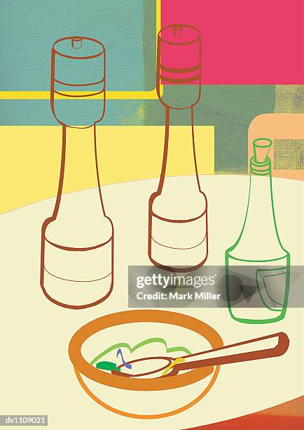 bildbanksillustrationer, clip art samt tecknat material och ikoner med bowl and spoon a salceller and pepperpot and a bottle of sauce - miller