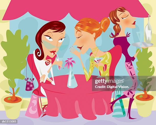 women sitting outdoors at a cafe gossiping and a waitress eavesdropping - sideways glance stock illustrations stock illustrations