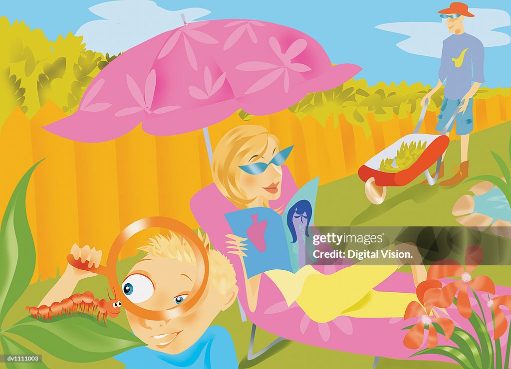 Boy in a Garden Watching An insect With a Magnifying Glass and His Mother Reading a Magazine and His Father Pushing a Wheelbarrow