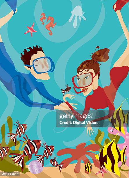 couple snorkelling underwater - paar in sportkleidung stock-grafiken, -clipart, -cartoons und -symbole