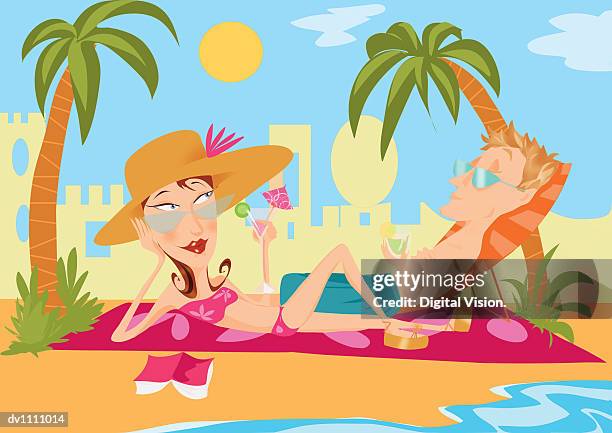 portrait of a young couple lying on a beach inbetween palm trees - couple sunbathing stock illustrations