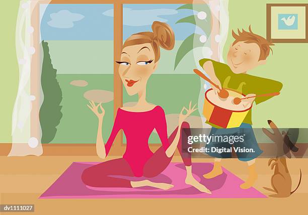 portrait of a mother meditating and her son playing a drum - sideways glance stock illustrations stock illustrations