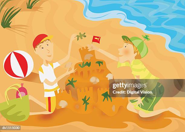 ilustraciones, imágenes clip art, dibujos animados e iconos de stock de two boys on a beach finishing a sandcastle - bolsa de playa