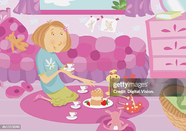 stockillustraties, clipart, cartoons en iconen met young girl having a doll's tea party in her bedroom - doll house