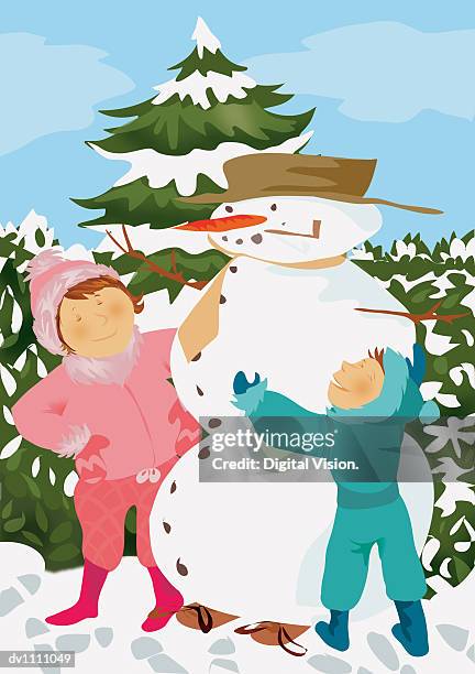 mother and son standing next to a snowman in their garden - snowman family stock illustrations