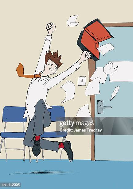 businessman jumping for joy in an office and letting his documents spill from his open briefcase - open seat godo stock-grafiken, -clipart, -cartoons und -symbole