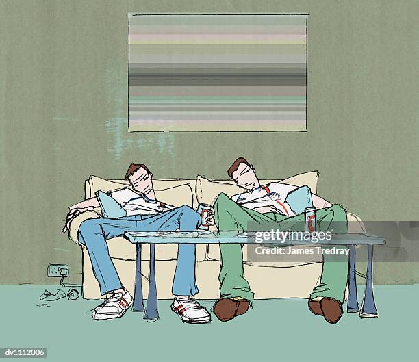 two lazy men relaxing on a sofa watching tv - man cave stock illustrations