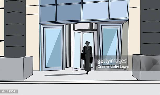 businesswoman walking out of the revolving doors of an office building - revolving door stock illustrations