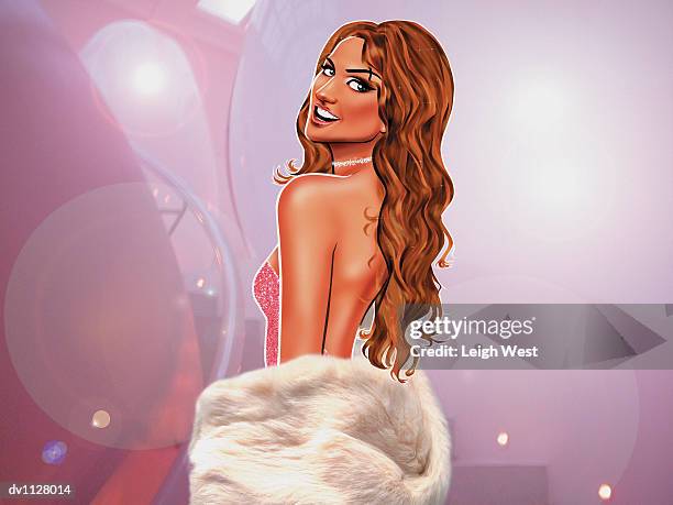 portrait of a young woman in an evening gown and a fur coat - fur coat stock illustrations