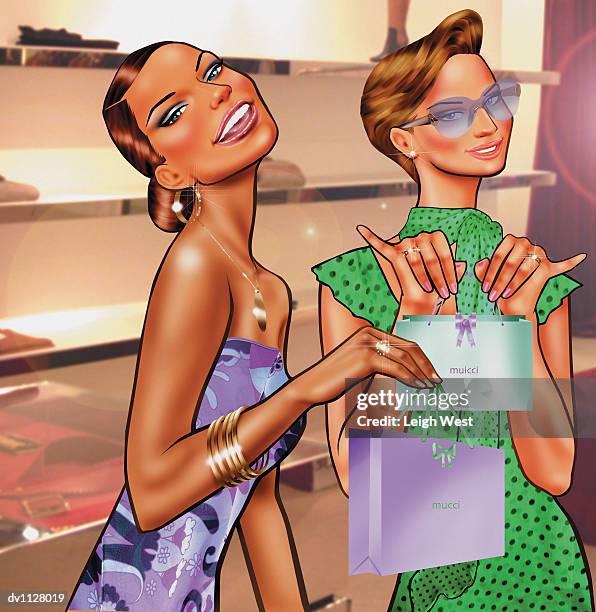 portrait of two young women holding luxurious shopping bags in a clothes shop - silver spoon in mouth stock illustrations