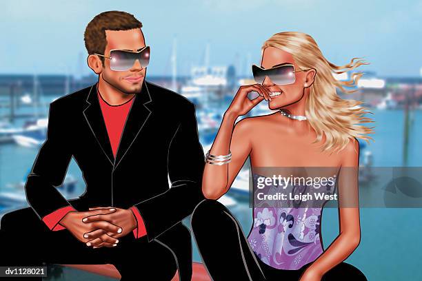 young glamourous couple sitting by a marina - couple travel tablet stock illustrations