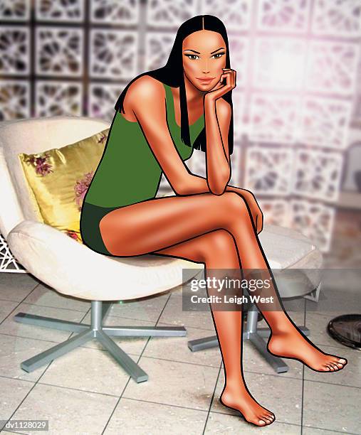 portrait of an elegant stylish young woman sitting on a chair with her legs crossed - daisy dukes stock illustrations