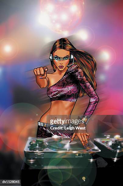 stockillustraties, clipart, cartoons en iconen met portrait of a young woman dj in a nightclub pointing - lyte honors remy ma wale during 5th year anniversary celebration of hip hop sisters foundation