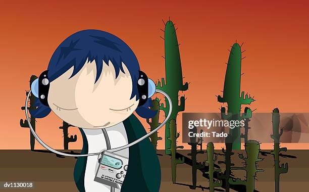 portrait of a teenage boy listening to a personal stereo in a desert - arid climate stock illustrations stock illustrations