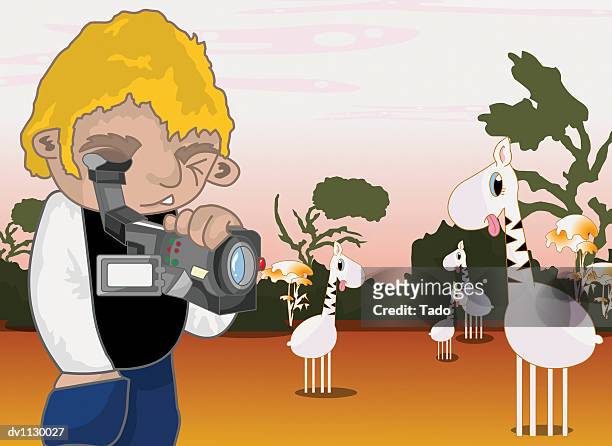portrait of a young man filming zebras with a camcorder - travel2 stock illustrations