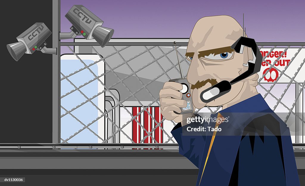 Portrait of a Security Guard Holding a Walkie Talkie