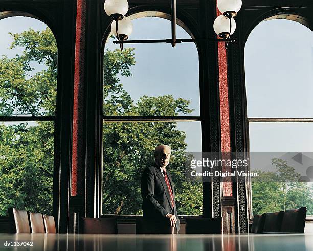 portrait of a mature ceo standing at the end of a table in a conference room - businessman distance window ストックフォトと画像