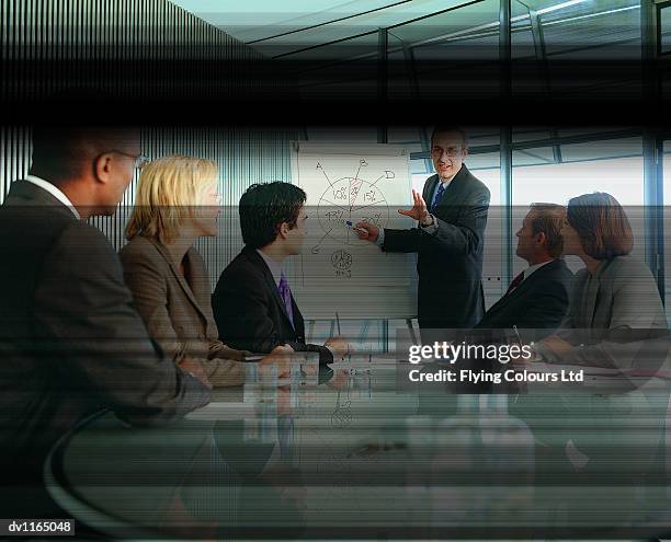 businessman pointing at a flip chart in a conference room with a felt tip pen - felt tip pen bildbanksfoton och bilder