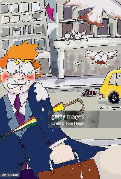 portrait of a businessman with bird droppings on his suit - guano stock illustrations