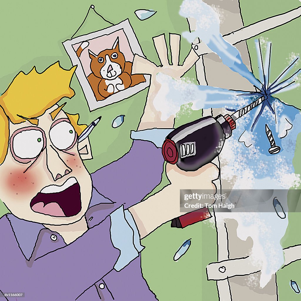 Young Man Accidentally Drilling the Wall and Water Leaking Out at Home