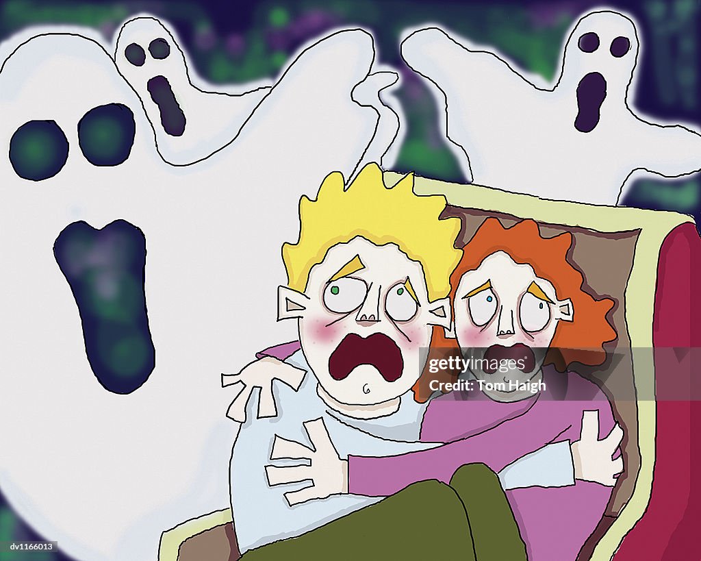 Couple on a Ghost Train With their Arms Around Each Other