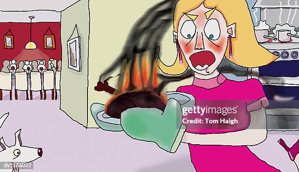 woman looking down at her burnt roast at a dinner party - awkward dinner stock illustrations