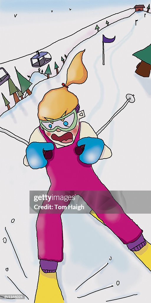 Panicking Woman Skiing Down a Ski Slope