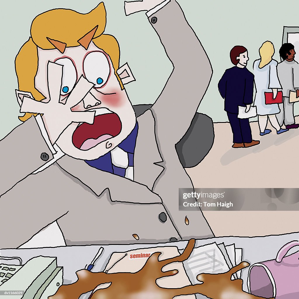 Anguished Lecturer Looking at His Coffee Spilling Over His Seminar Documents