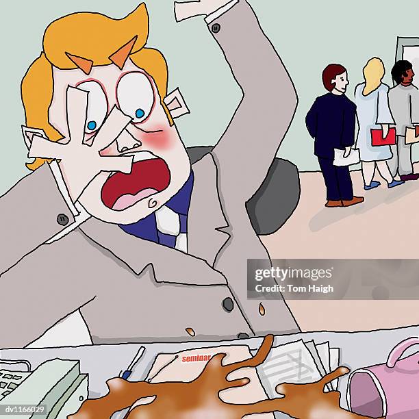 anguished lecturer looking at his coffee spilling over his seminar documents - spilling coffee stock illustrations