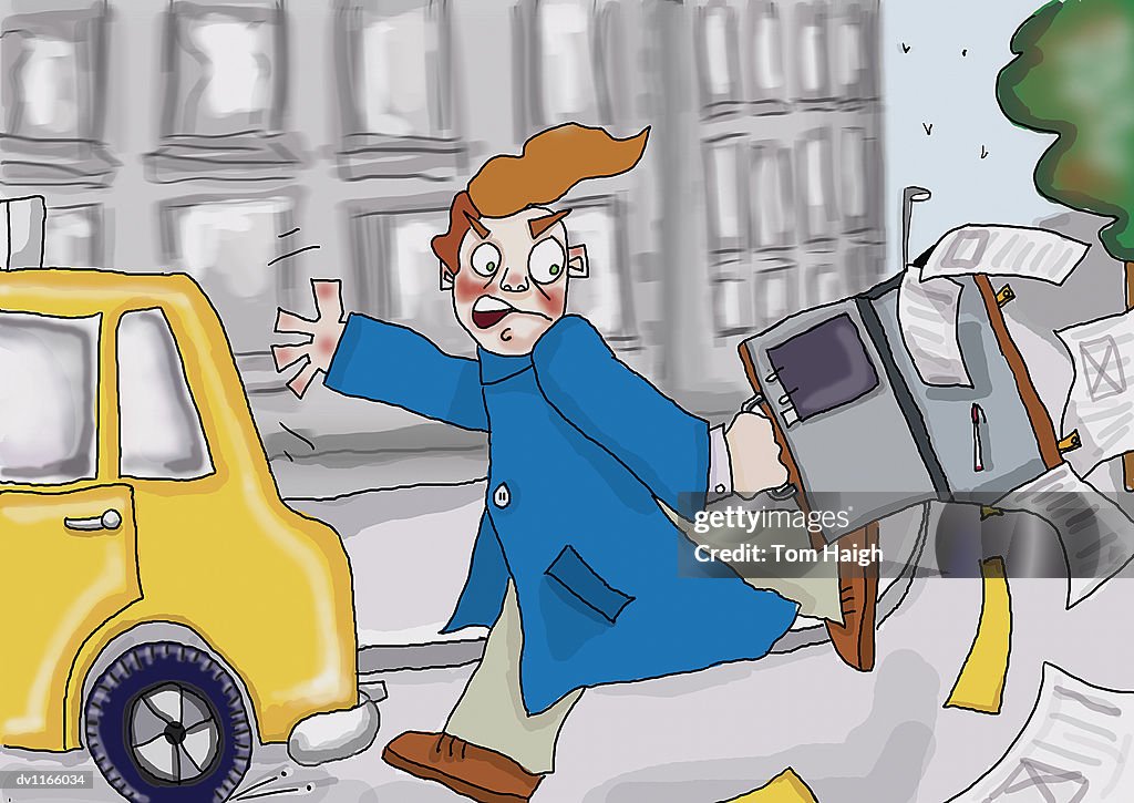 Businessman Running Along a Road Chasing a Car With His Briefcase Open Losing Documents