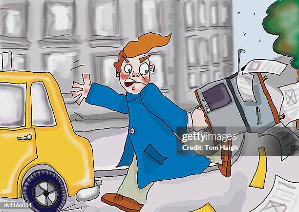 businessman running along a road chasing a car with his briefcase open losing documents - taxi worried stock illustrations