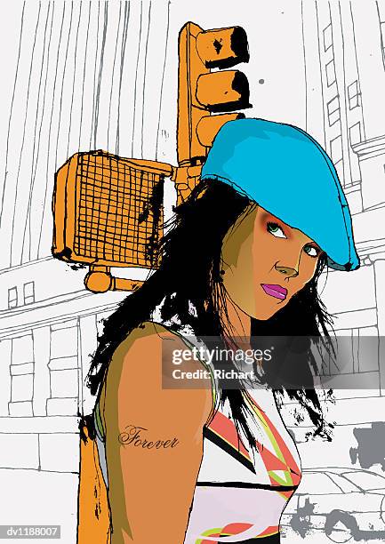 ilustrações, clipart, desenhos animados e ícones de portrait of a young woman standing in front of traffic lights on a city road - isolated colour
