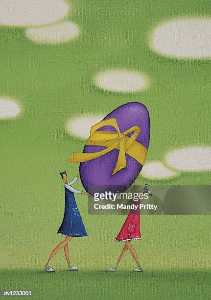 girls holding a large easter egg - mandy pritty stock illustrations