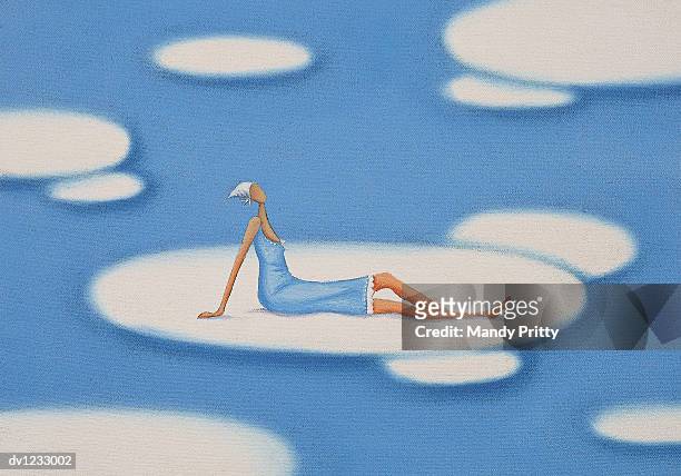 illustrazioni stock, clip art, cartoni animati e icone di tendenza di woman sitting on a cloud in the sky - mandy pritty