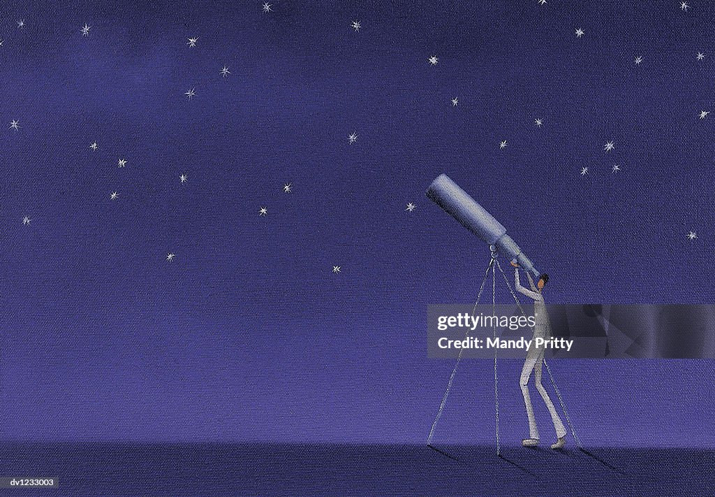 Man Looking Up at Stars With a Telescope