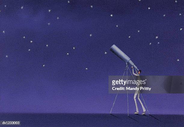 man looking up at stars with a telescope - mandy pritty stock illustrations