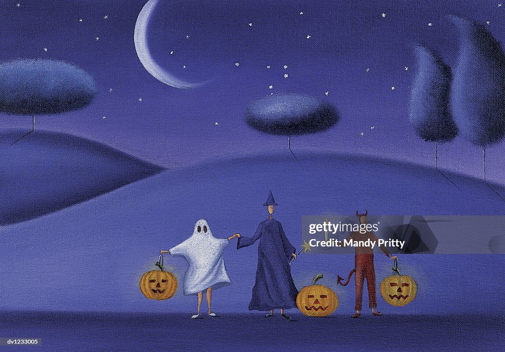 Three People Holding Hands Dresed in Halloween Costumes and Holding Pumpkins