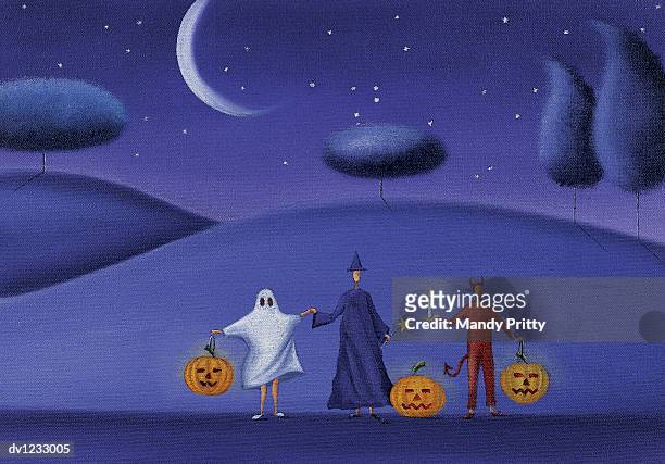 three people holding hands dresed in halloween costumes and holding pumpkins - mandy pritty stock illustrations