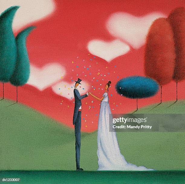 romantic bride and groom standing face to face - frau konfetti stock-grafiken, -clipart, -cartoons und -symbole