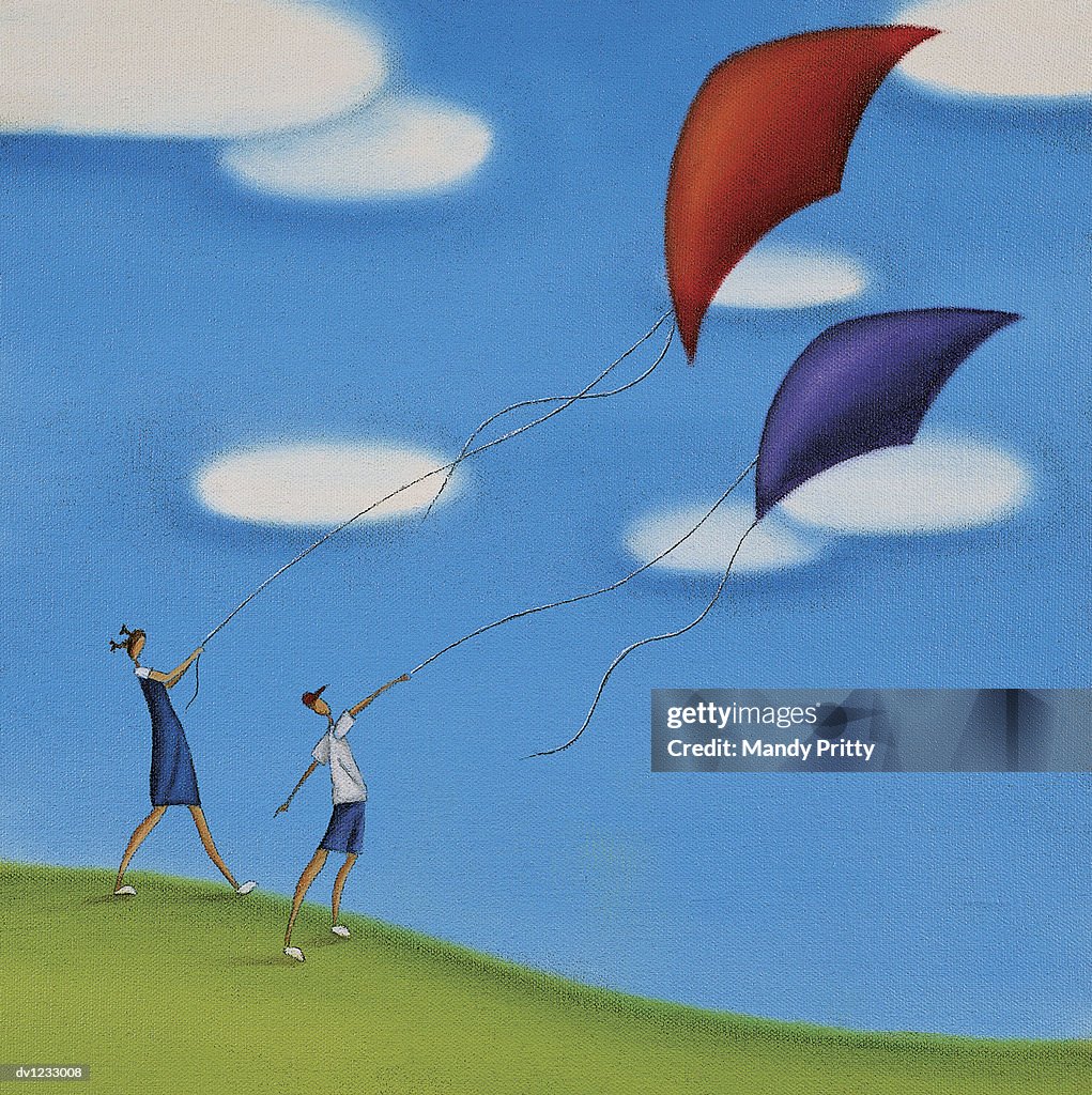 Children Flying a Kite on a Hill