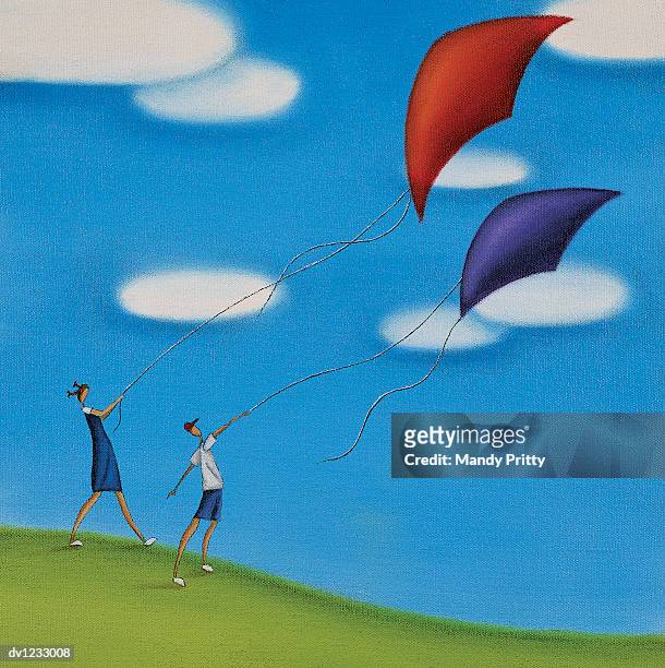 children flying a kite on a hill - mandy pritty stock illustrations