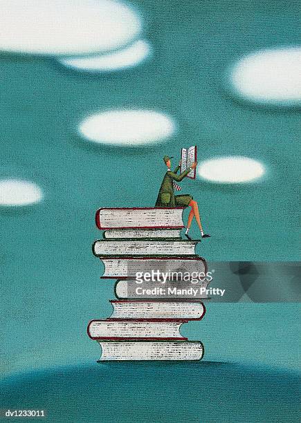 illustrazioni stock, clip art, cartoni animati e icone di tendenza di schoolboy sitting on a stack of books reading - mandy pritty