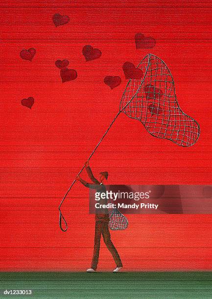 man catching heart shapes with a net - mandy pritty stock illustrations