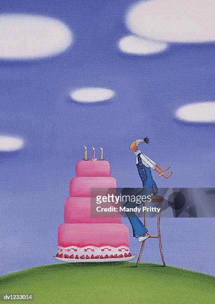 woman blowing out candles on a birthday cake - mandy pritty stock illustrations