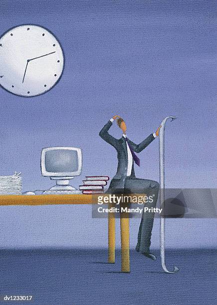 puzzled businessman sitting at the edge of a desk holding a long piece of paper - mandy pritty stock illustrations