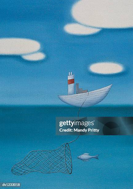 fishing boat capturing a fish underwater - fishing trawler net stock illustrations