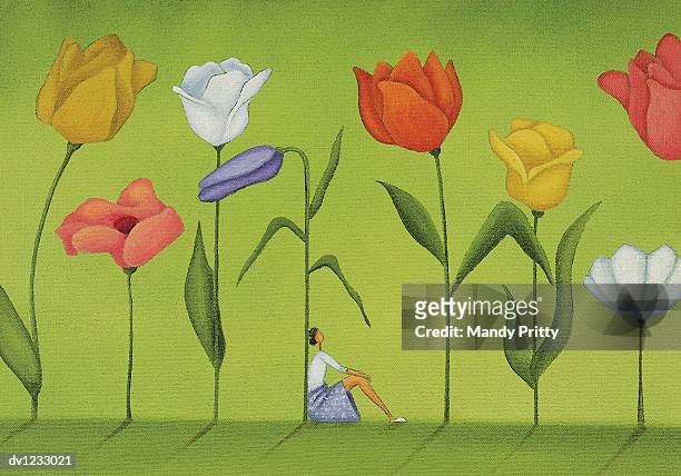 illustrazioni stock, clip art, cartoni animati e icone di tendenza di woman sitting between tall flowers - mandy pritty
