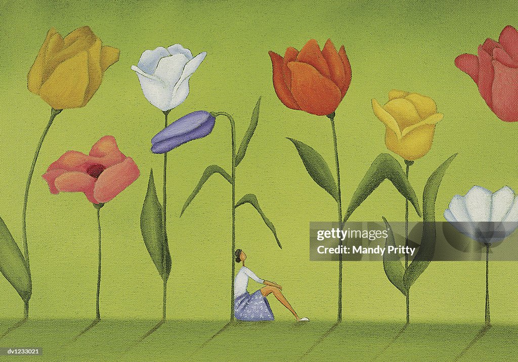 Woman Sitting Between Tall Flowers